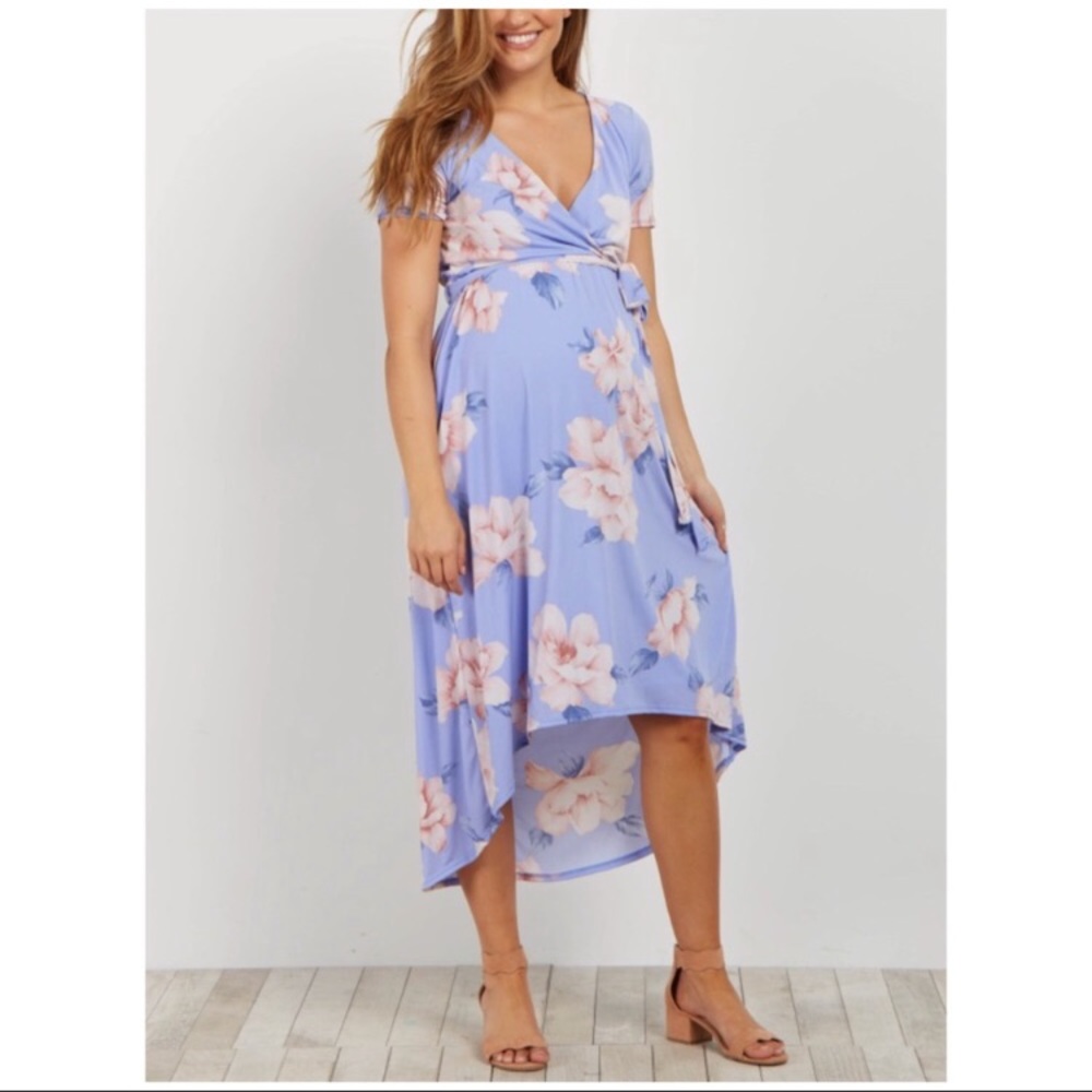 Pink blush faux wrap maternity dress